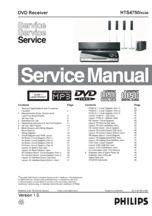 Philips hts4750 service manual cover with picture of the device, model type and number, table of contents, manual version and publication year.