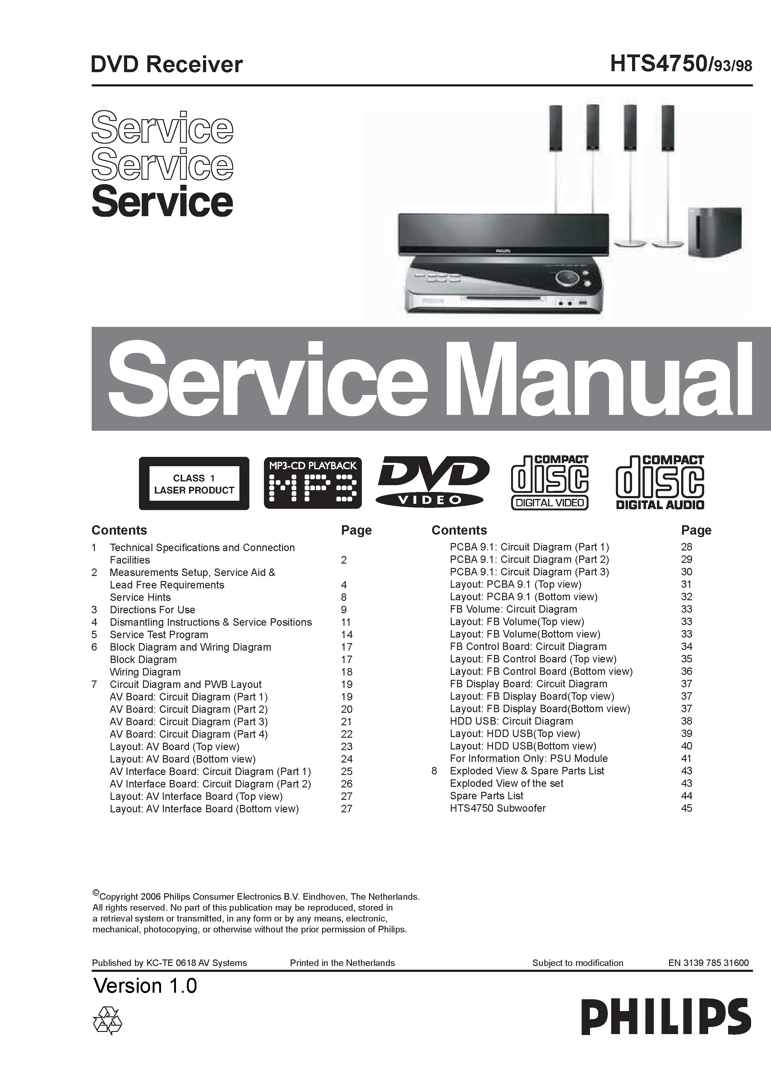 Philips hts4750 service manual cover with picture of the device, model type and number, table of contents, manual version and publication year.