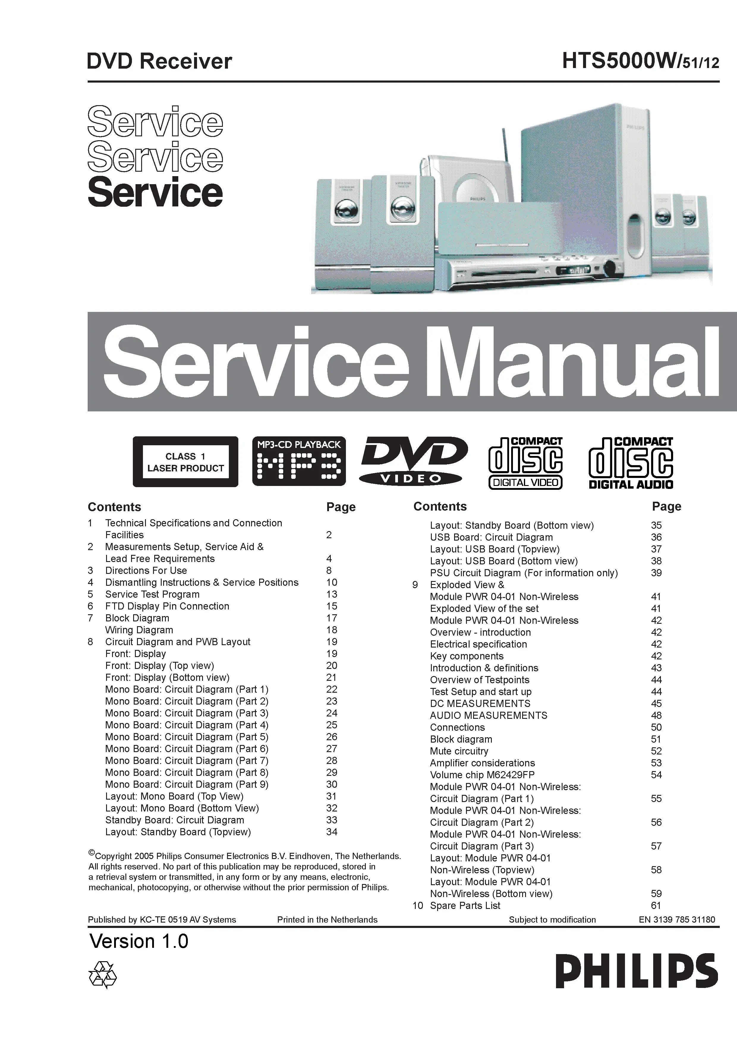 Philips hts5000w service manual cover with picture of the device, model type and number, table of contents, manual version and publication year.