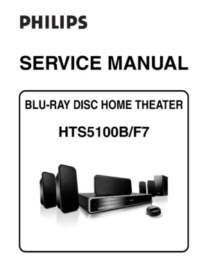 Philips hts5100b service manual cover with picture of the device, model type and number, table of contents, manual version and publication year.