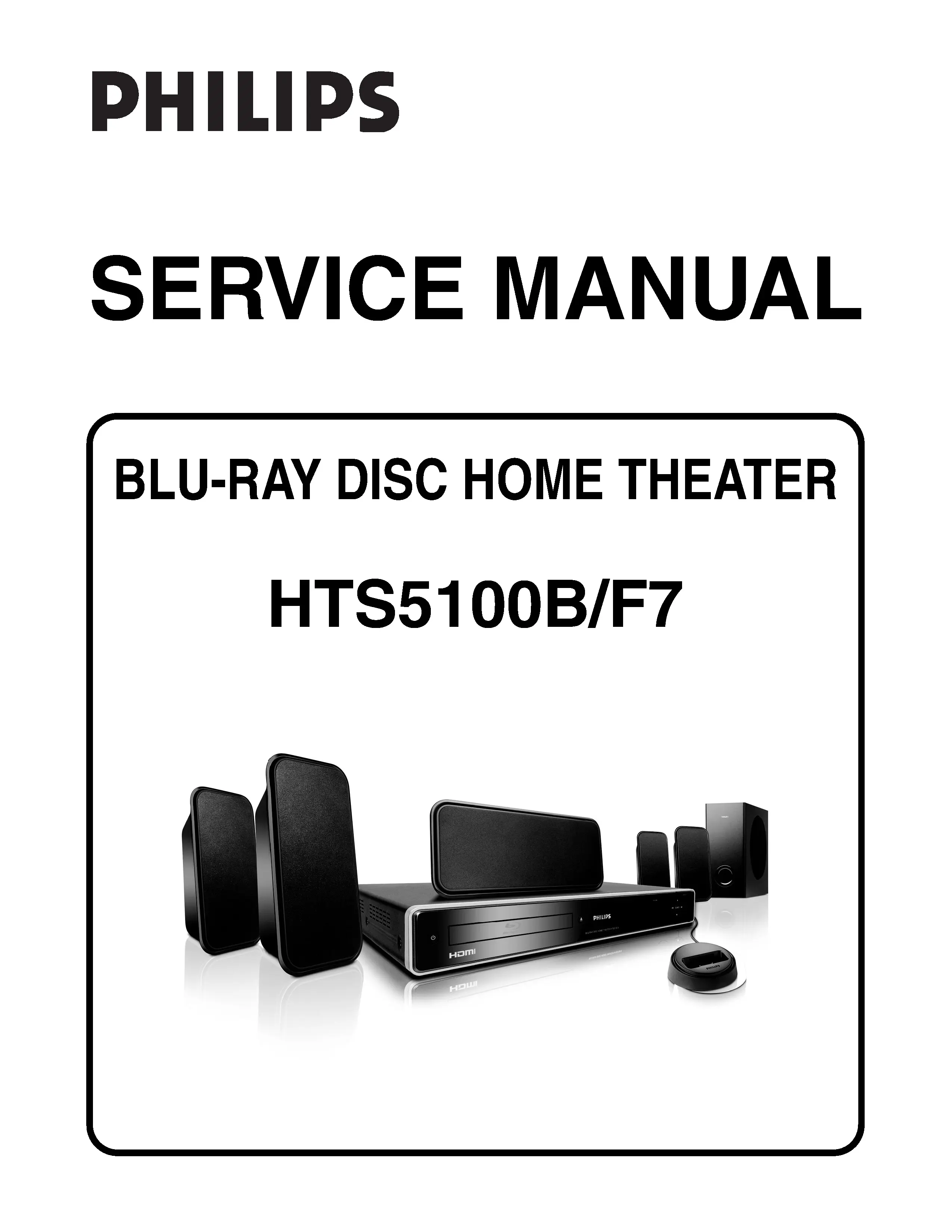 Philips hts5100b service manual cover with picture of the device, model type and number, table of contents, manual version and publication year.