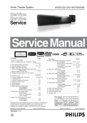 Philips hts5120 service manual cover with picture of the device, model type and number, table of contents, manual version and publication year.