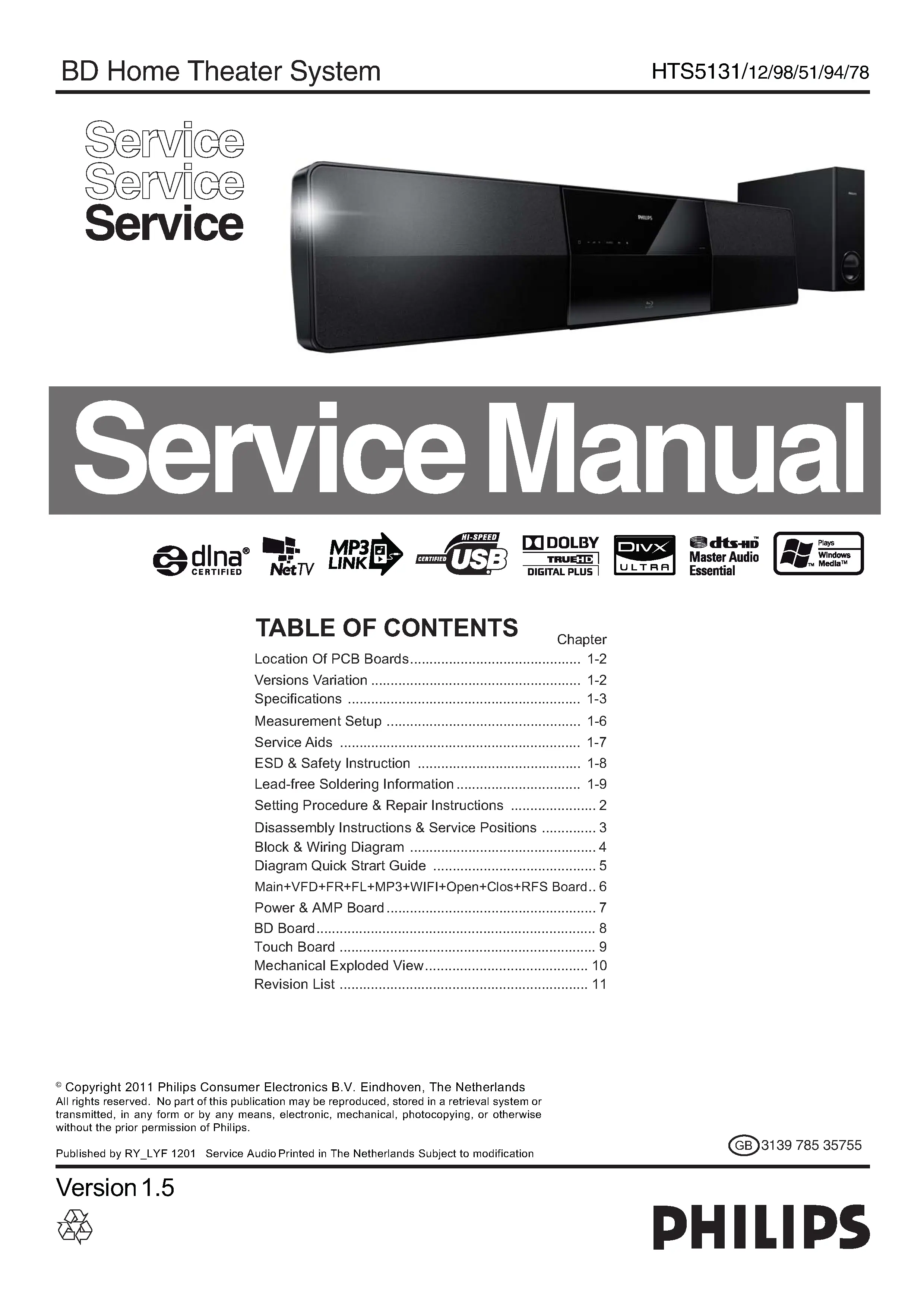 Philips hts5131 service manual cover with picture of the device, model type and number, table of contents, manual version and publication year.