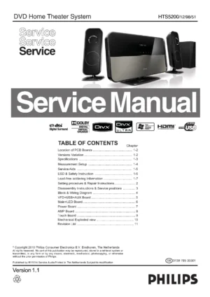 Philips hts5200 service manual cover with picture of the device, model type and number, table of contents, manual version and publication year.