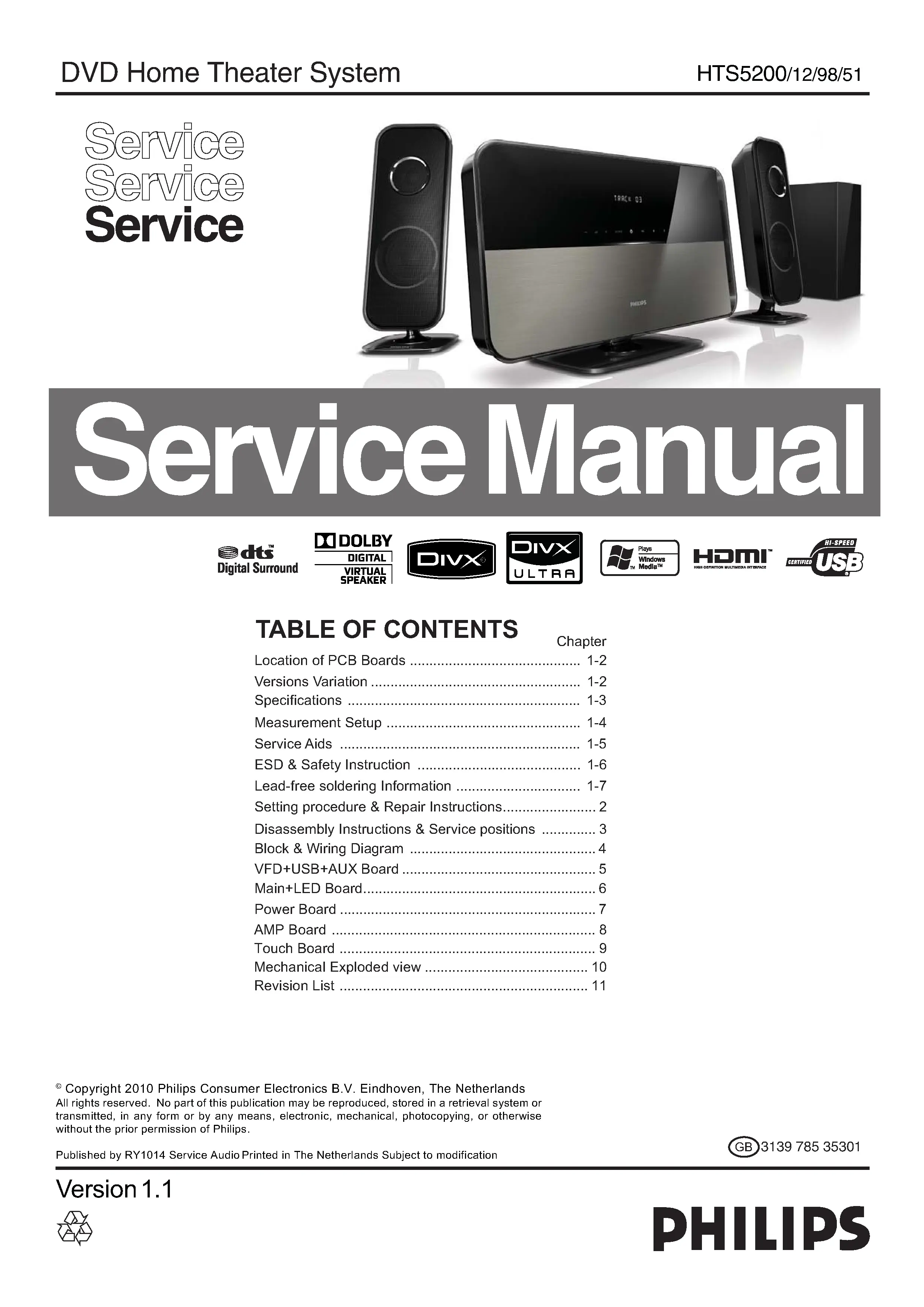 Philips hts5200 service manual cover with picture of the device, model type and number, table of contents, manual version and publication year.