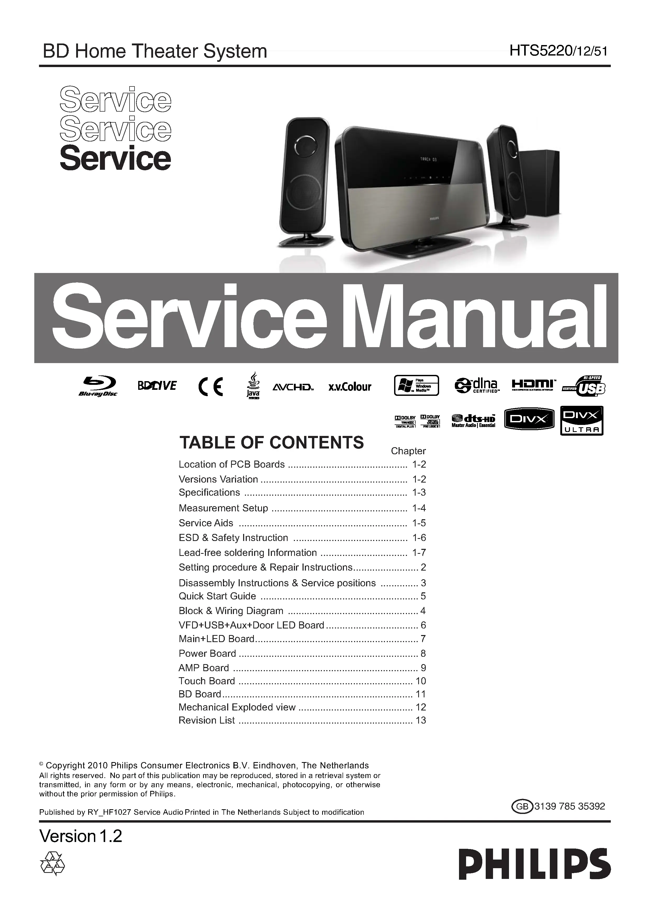 Philips hts5220 service manual cover with picture of the device, model type and number, table of contents, manual version and publication year.