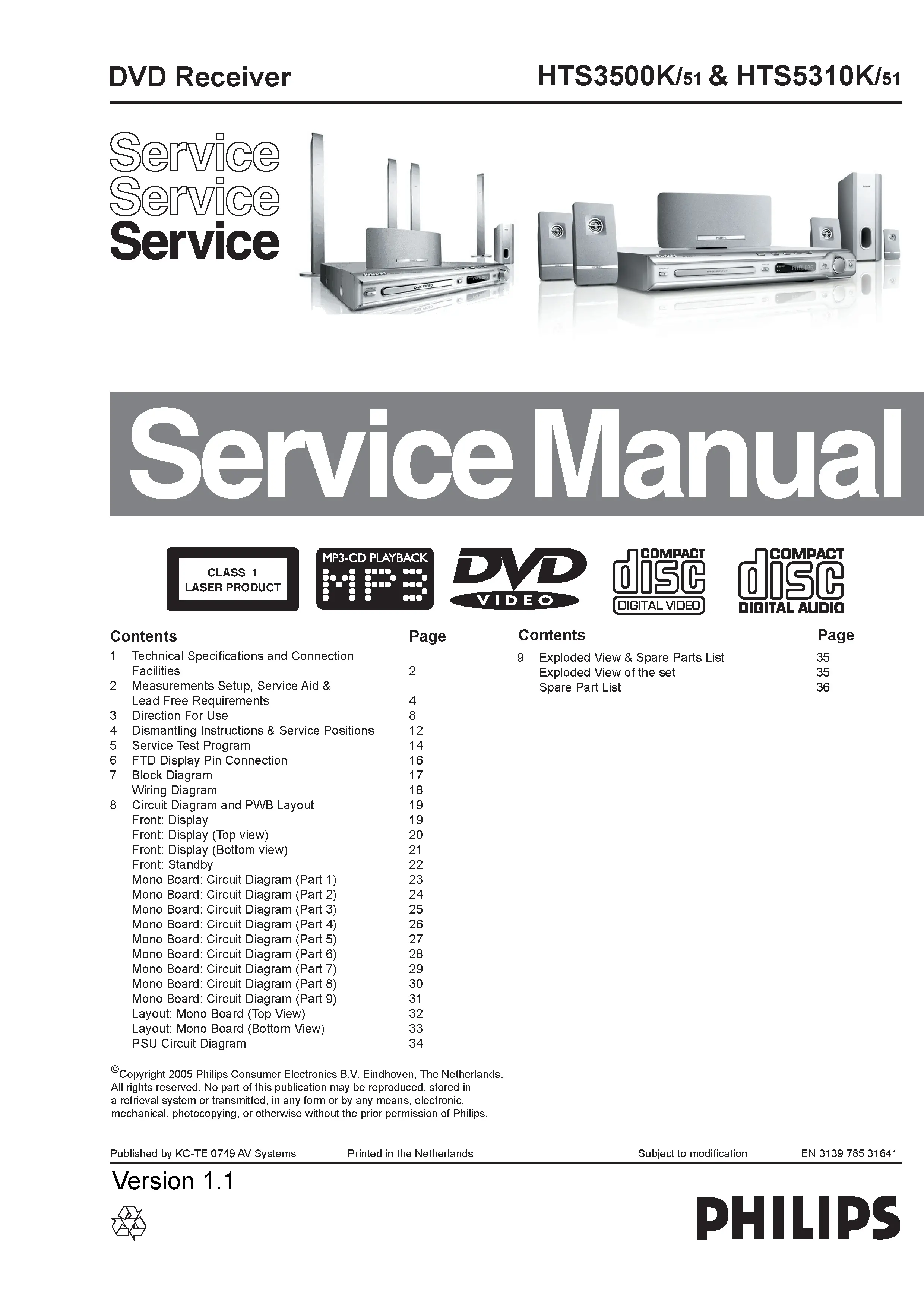 Philips hts5310k service manual cover with picture of the device, model type and number, table of contents, manual version and publication year.