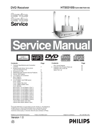 Philips hts5310s service manual cover with picture of the device, model type and number, table of contents, manual version and publication year.