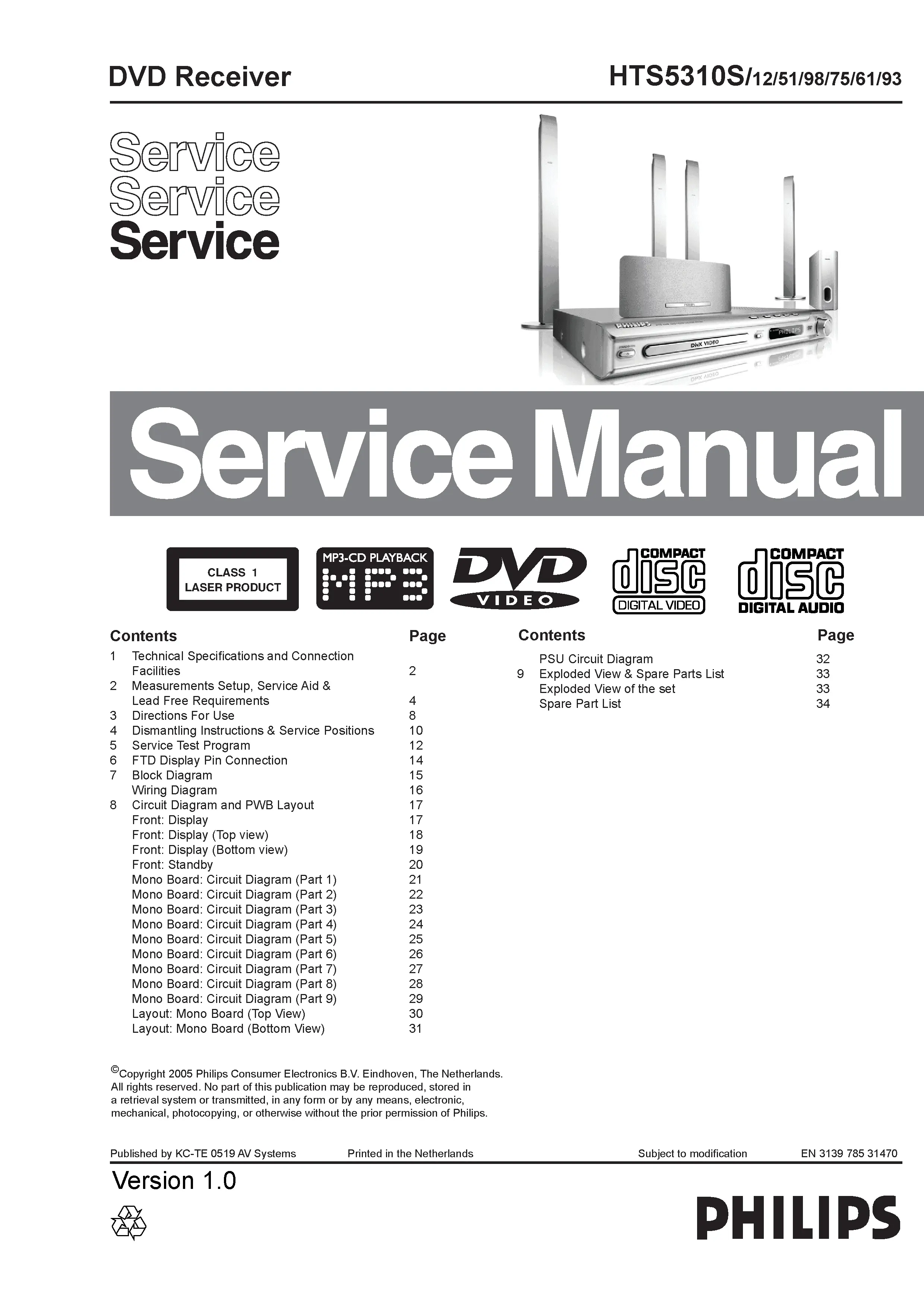 Philips hts5310s service manual cover with picture of the device, model type and number, table of contents, manual version and publication year.