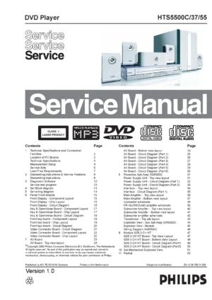 Philips hts5500c service manual cover with picture of the device, model type and number, table of contents, manual version and publication year.