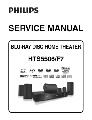 Philips hts5506 service manual cover with picture of the device, model type and number, table of contents, manual version and publication year.