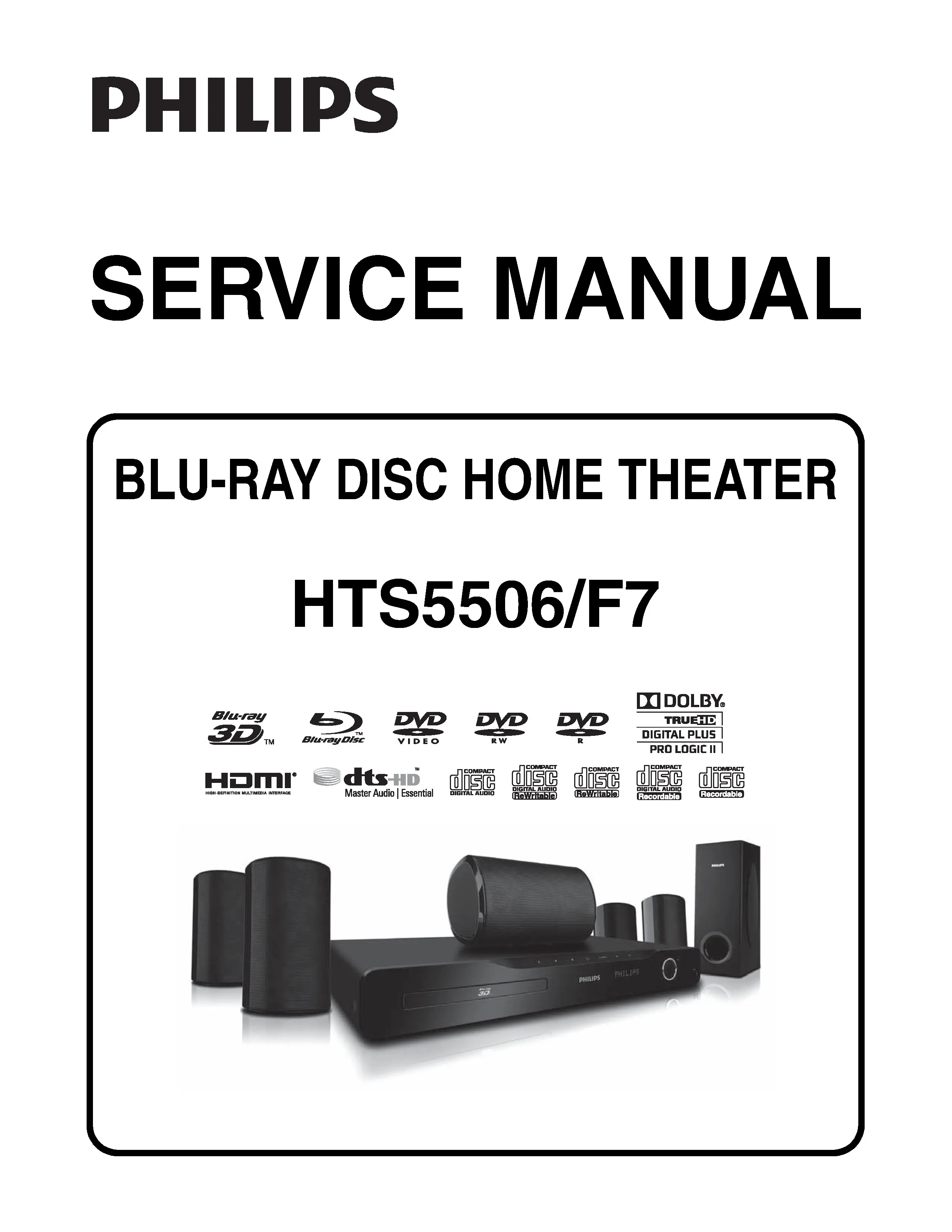 Philips hts5506 service manual cover with picture of the device, model type and number, table of contents, manual version and publication year.