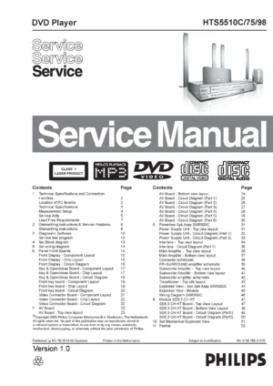 Philips hts5510c service manual cover with picture of the device, model type and number, table of contents, manual version and publication year.