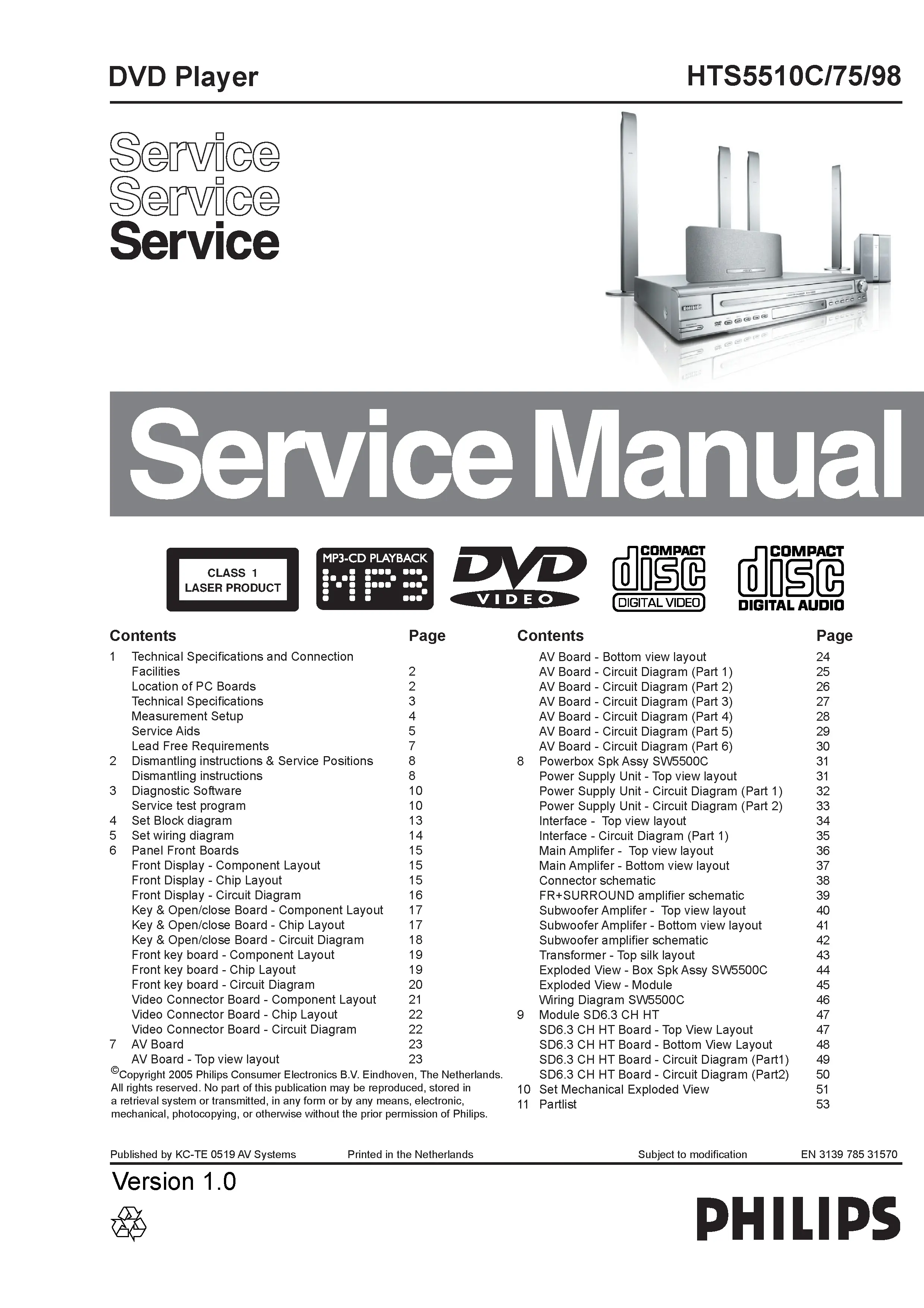 Philips hts5510c service manual cover with picture of the device, model type and number, table of contents, manual version and publication year.