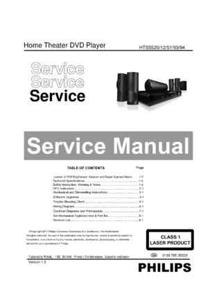 Philips hts5520 service manual cover with picture of the device, model type and number, table of contents, manual version and publication year.