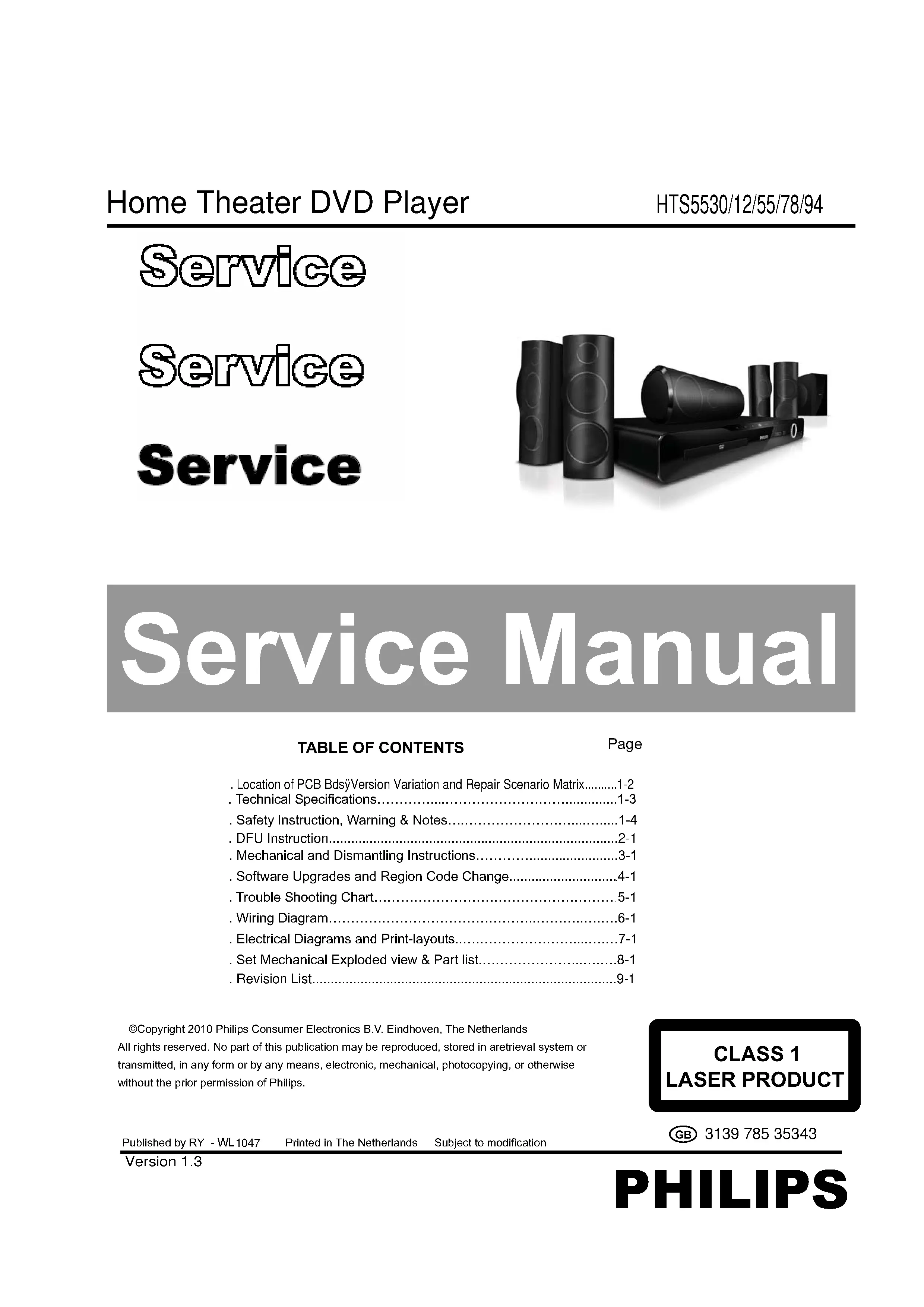 Philips hts5530 service manual cover with picture of the device, model type and number, table of contents, manual version and publication year.