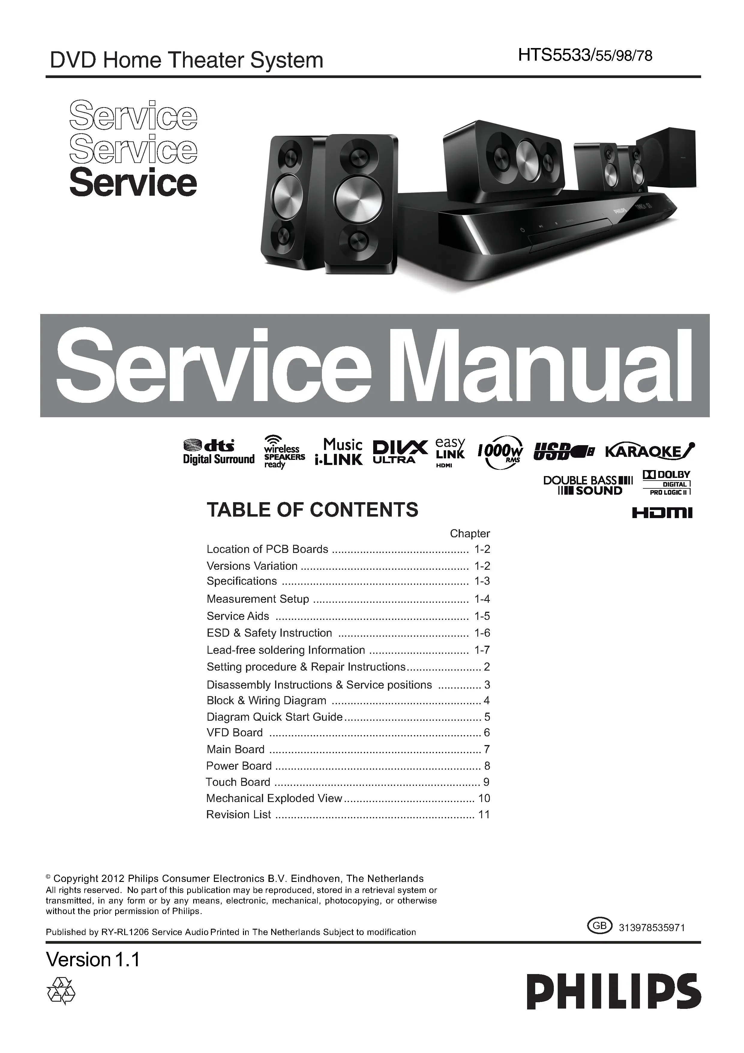 Philips hts5533 service manual cover with picture of the device, model type and number, table of contents, manual version and publication year.