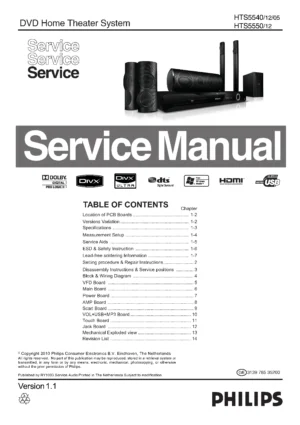 Philips hts5540 service manual cover with picture of the device, model type and number, table of contents, manual version and publication year.
