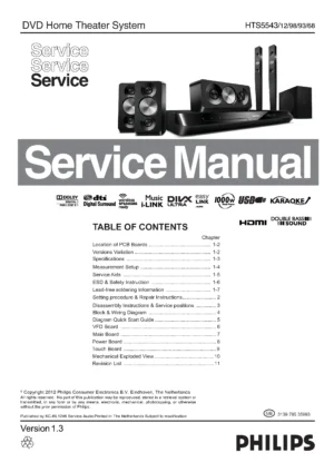 Philips hts5543 service manual cover with picture of the device, model type and number, table of contents, manual version and publication year.