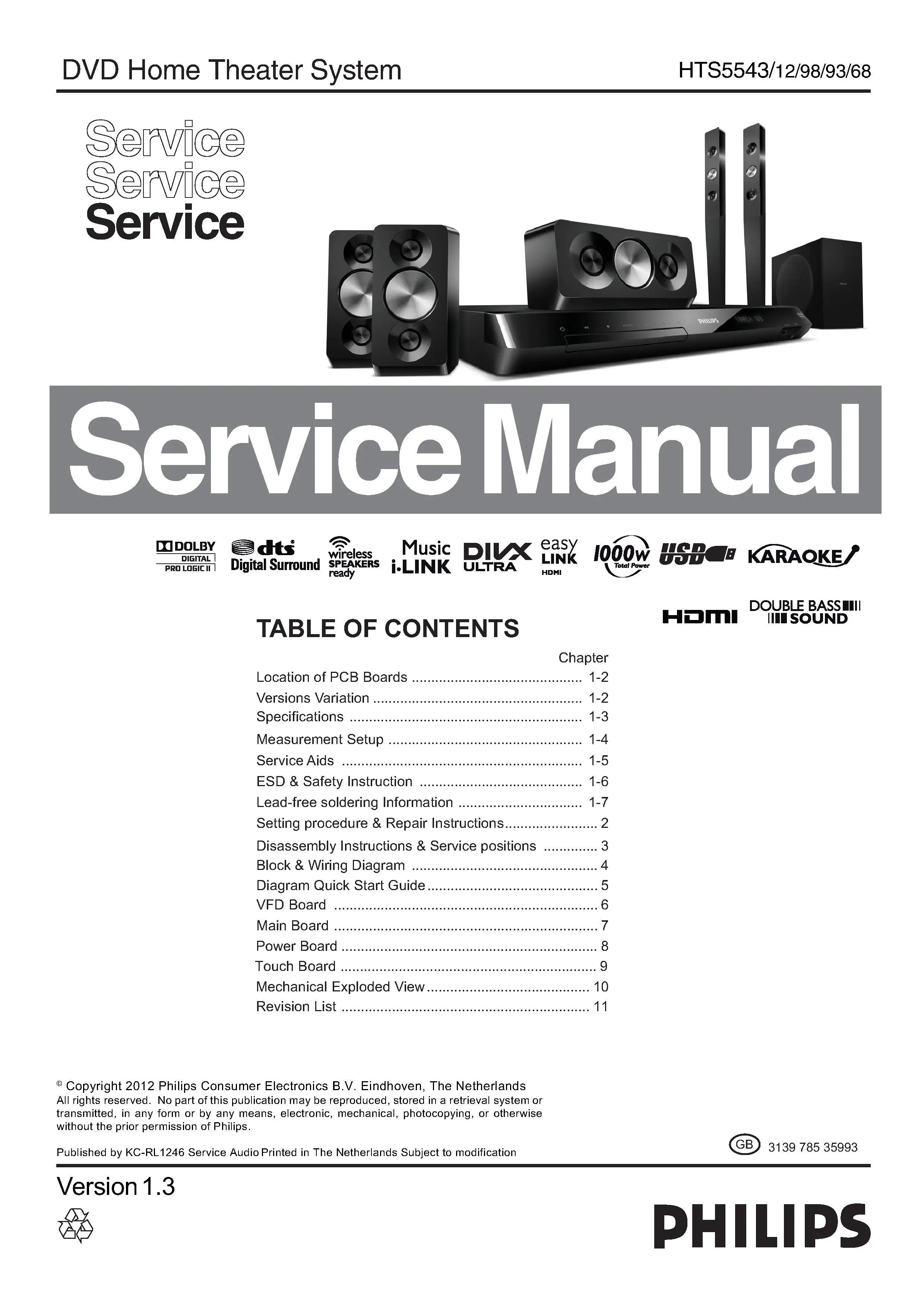 Philips hts5543 service manual cover with picture of the device, model type and number, table of contents, manual version and publication year.