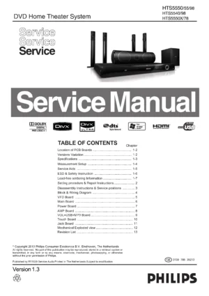 Philips hts5550 hts5550x service manual cover with picture of the device, model type and number, table of contents, manual version and publication year.