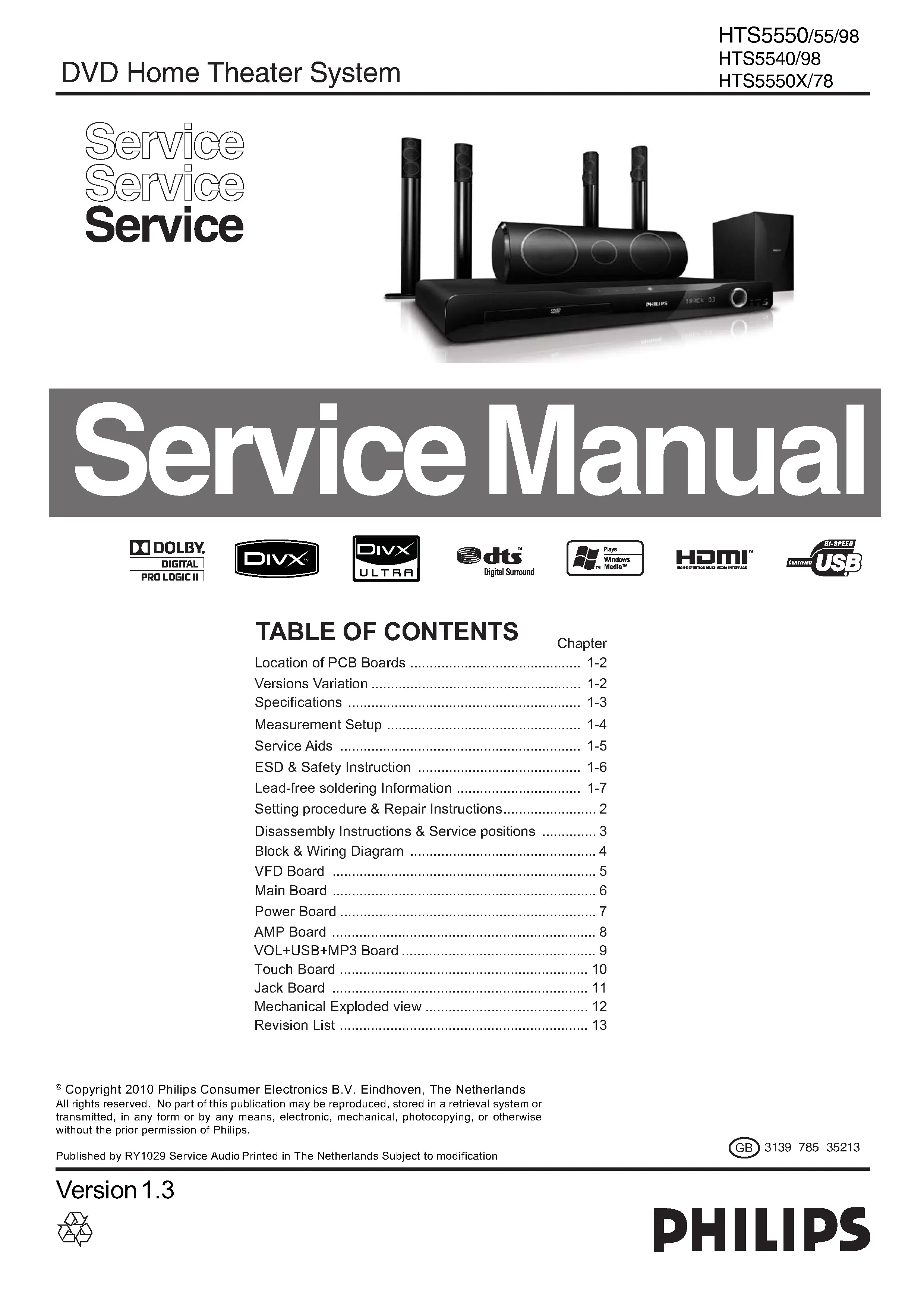 Philips hts5550 hts5550x service manual cover with picture of the device, model type and number, table of contents, manual version and publication year.