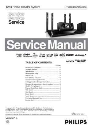 Philips hts5553 service manual cover with picture of the device, model type and number, table of contents, manual version and publication year.