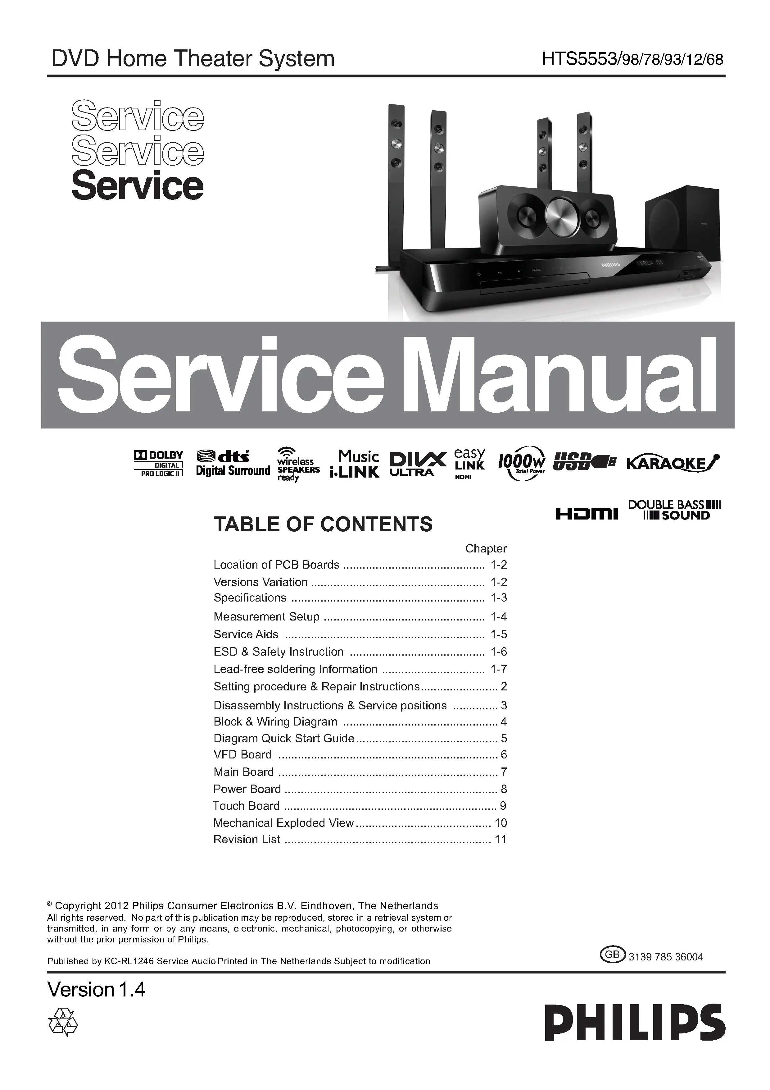 Philips hts5553 service manual cover with picture of the device, model type and number, table of contents, manual version and publication year.
