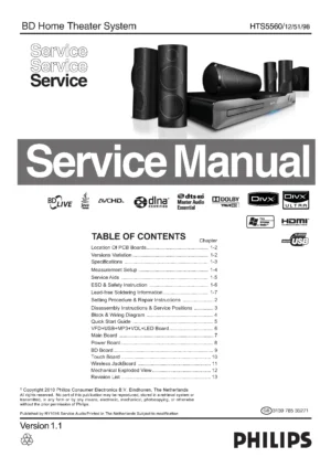 Philips hts5560 service manual cover with picture of the device, model type and number, table of contents, manual version and publication year.