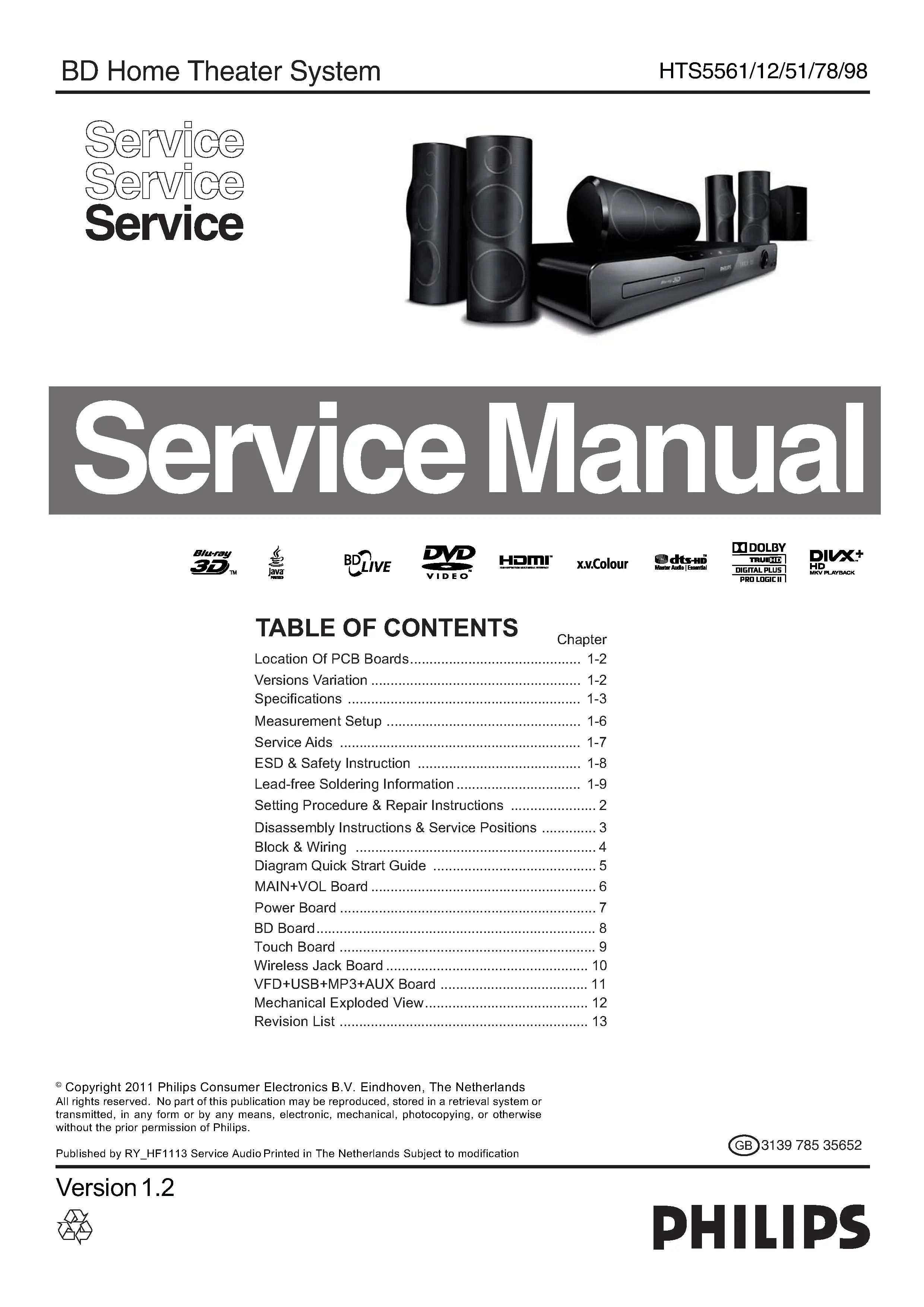 Philips hts5561 service manual cover with picture of the device, model type and number, table of contents, manual version and publication year.