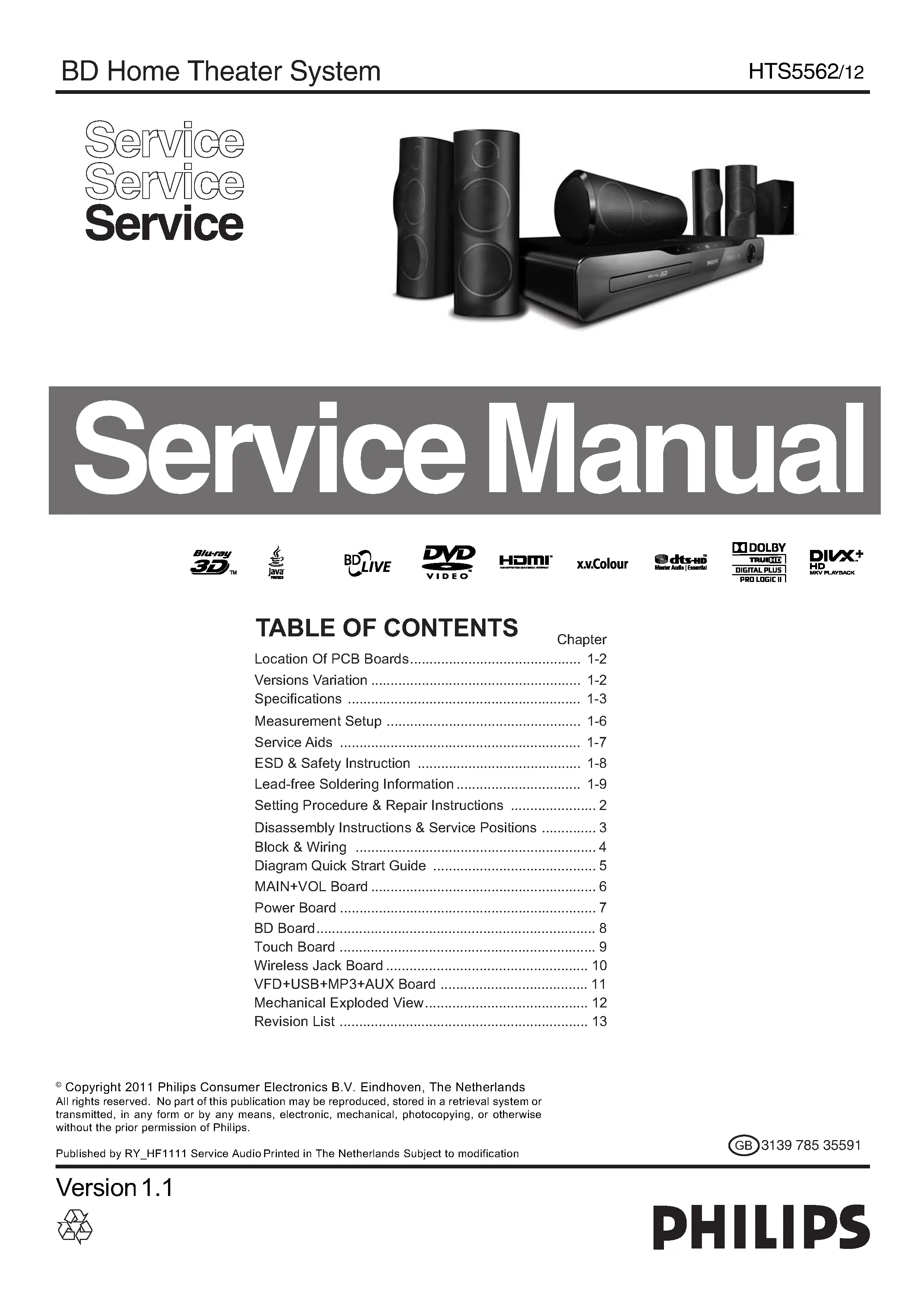 Philips hts5562 service manual cover with picture of the device, model type and number, table of contents, manual version and publication year.