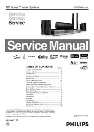 Philips hts5580 service manual cover with picture of the device, model type and number, table of contents, manual version and publication year.