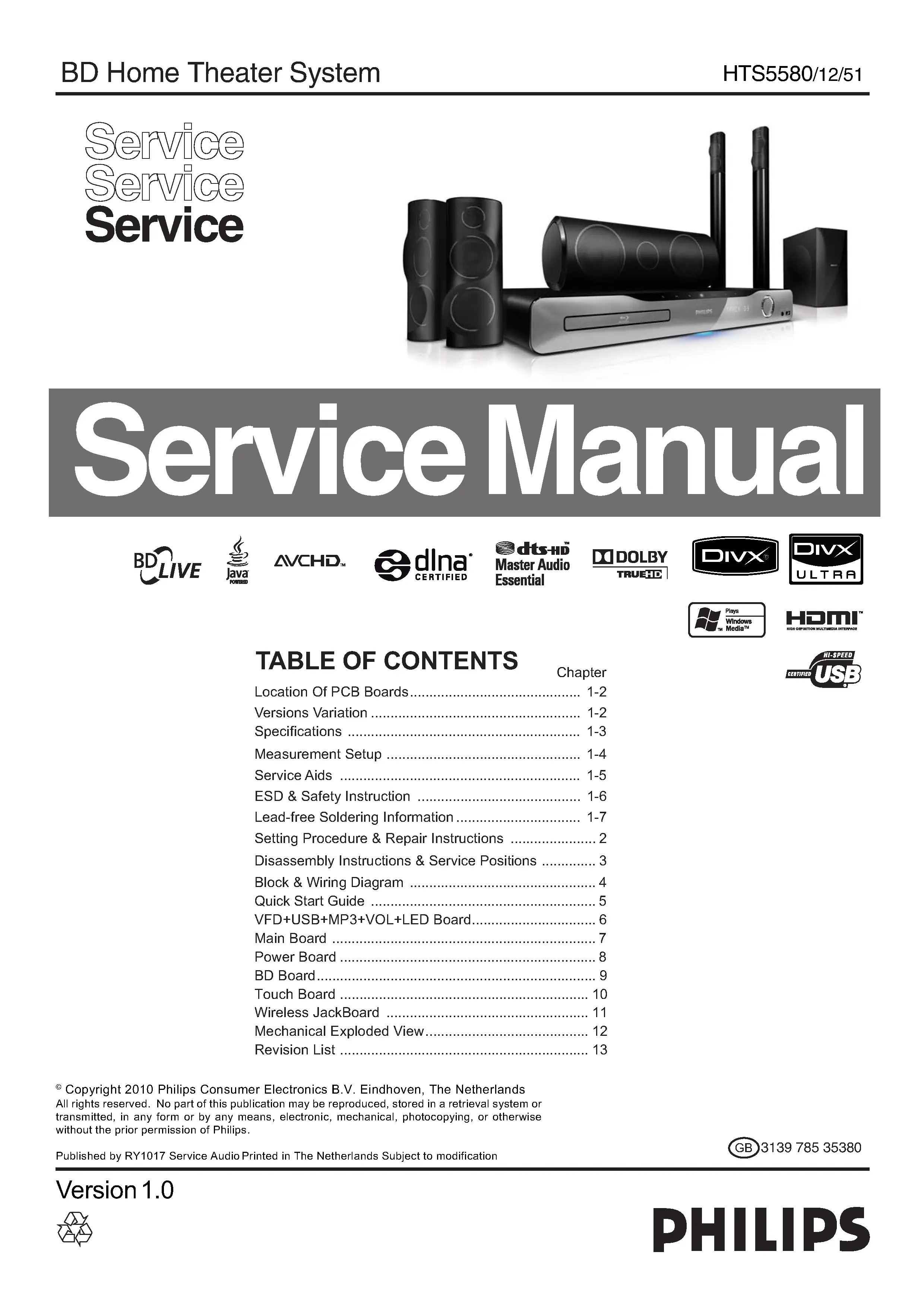 Philips hts5580 service manual cover with picture of the device, model type and number, table of contents, manual version and publication year.