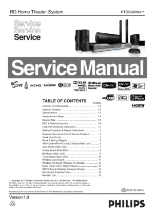 Philips hts5580w service manual cover with picture of the device, model type and number, table of contents, manual version and publication year.