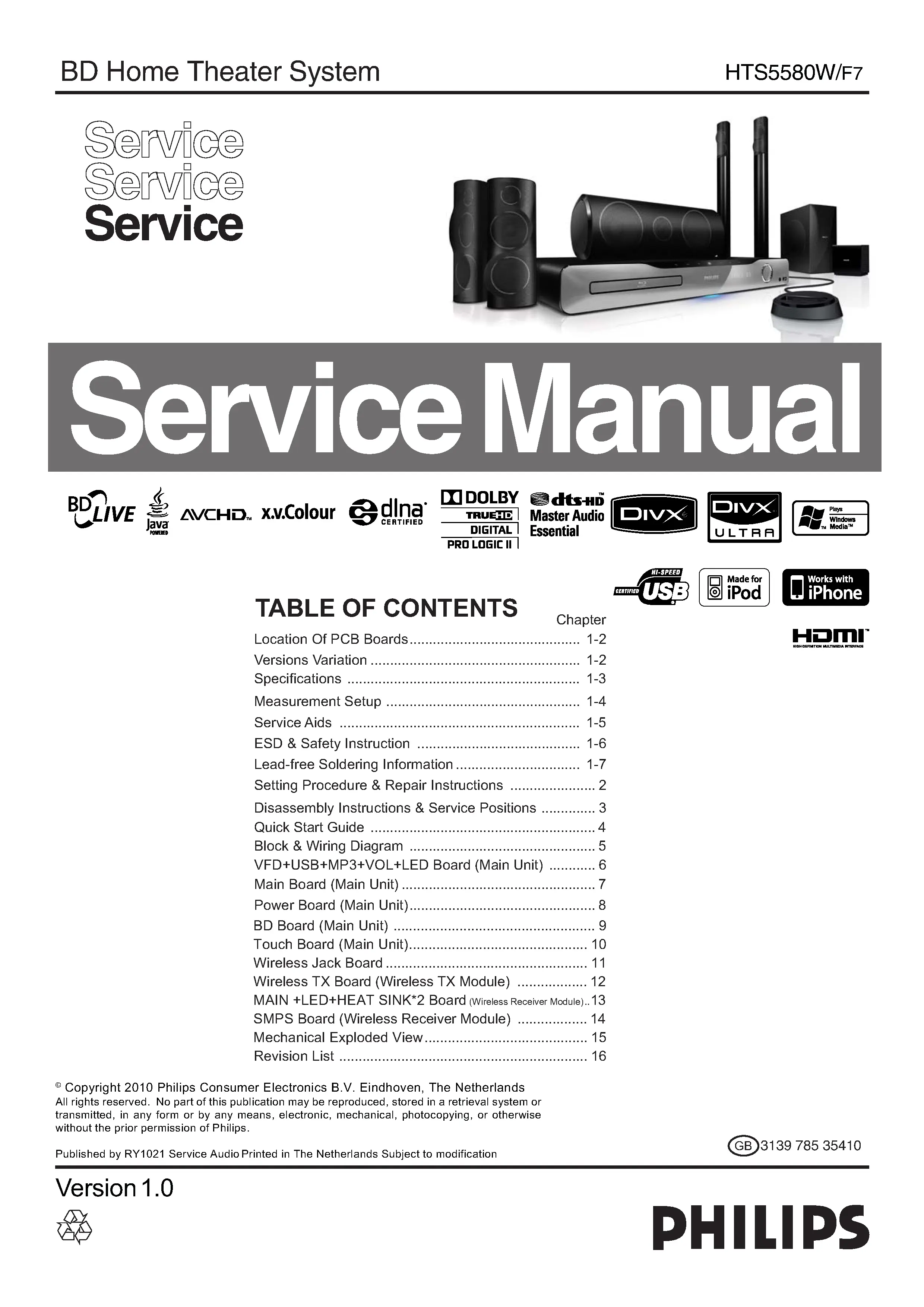 Philips hts5580w service manual cover with picture of the device, model type and number, table of contents, manual version and publication year.