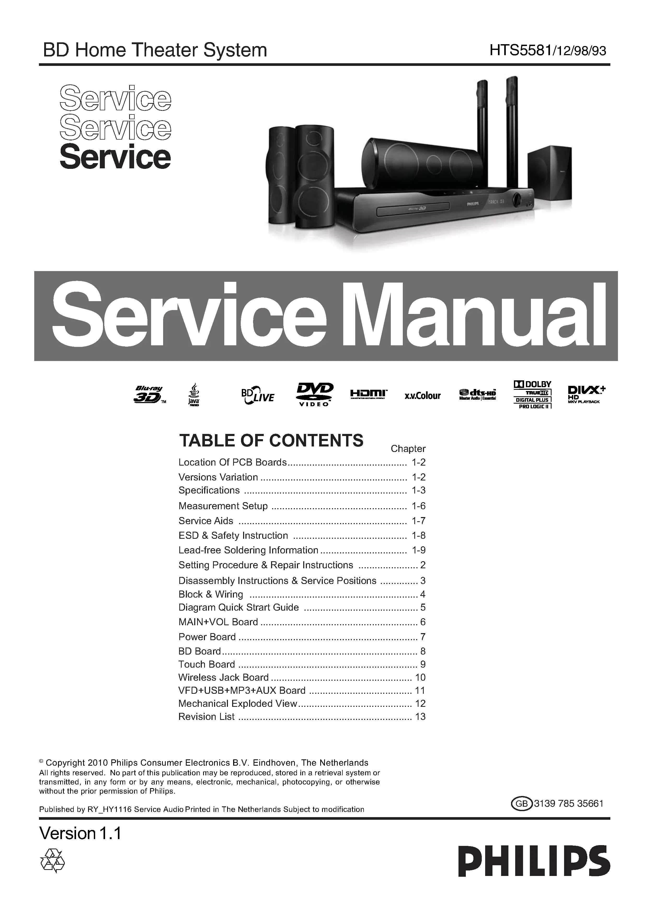 Philips hts5581 service manual cover with picture of the device, model type and number, table of contents, manual version and publication year.