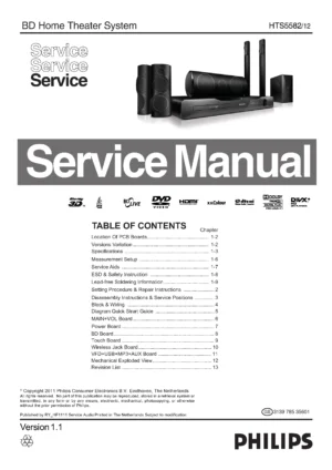 Philips hts5582 service manual cover with picture of the device, model type and number, table of contents, manual version and publication year.