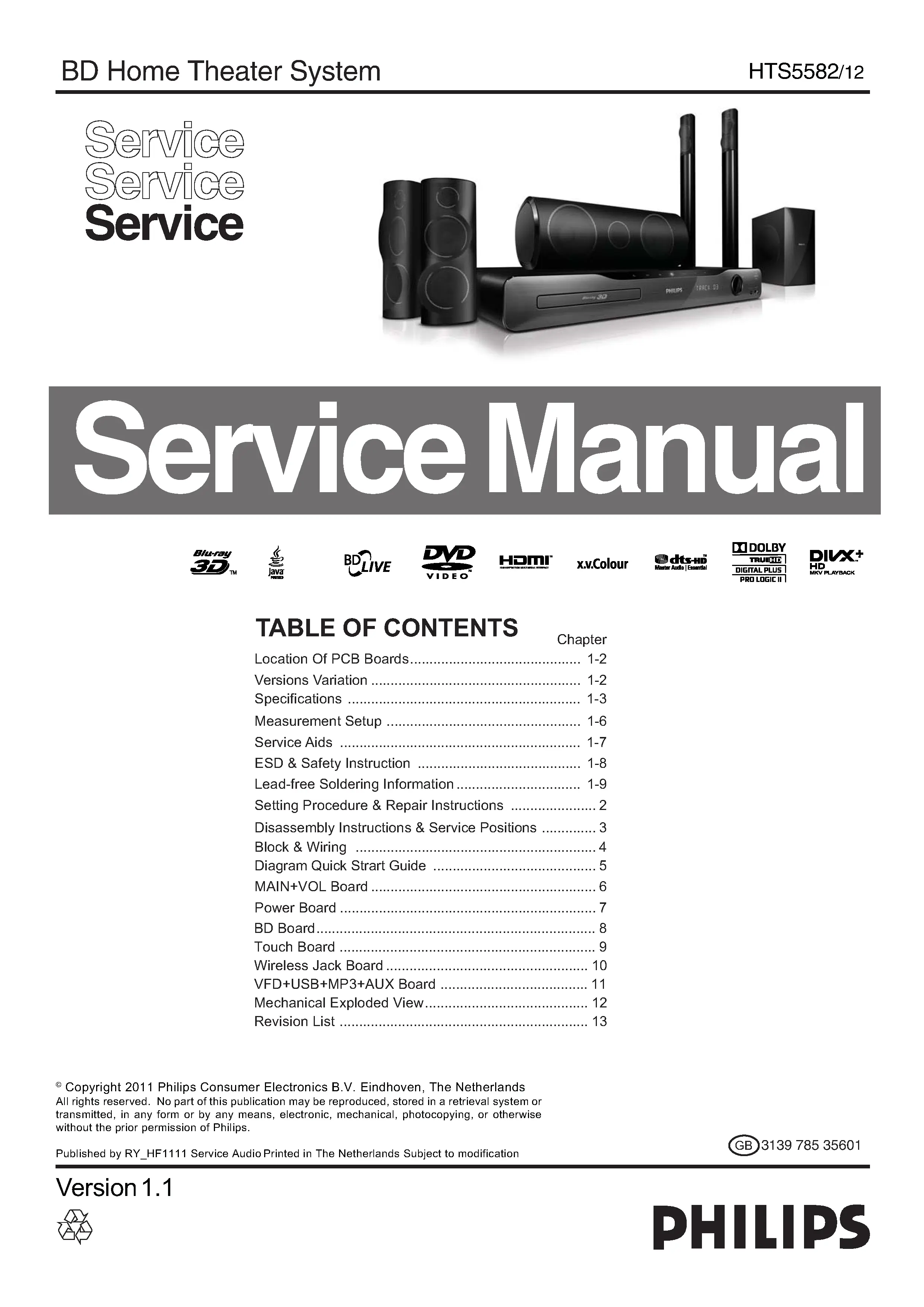 Philips hts5582 service manual cover with picture of the device, model type and number, table of contents, manual version and publication year.