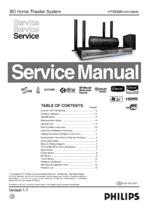 Philips hts5590 service manual cover with picture of the device, model type and number, table of contents, manual version and publication year.