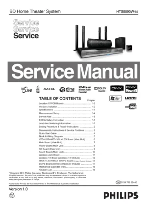 Philips hts5590w service manual cover with picture of the device, model type and number, table of contents, manual version and publication year.
