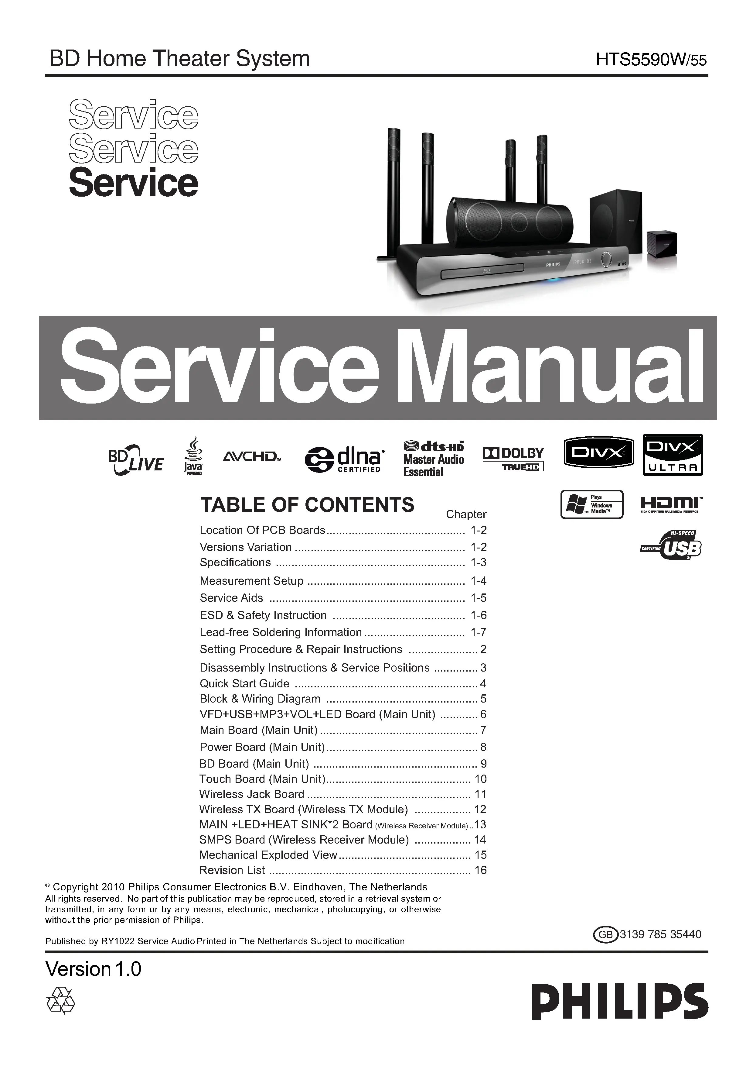 Philips hts5590w service manual cover with picture of the device, model type and number, table of contents, manual version and publication year.