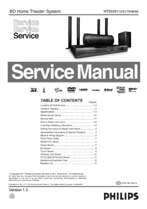 Philips hts5591 service manual cover with picture of the device, model type and number, table of contents, manual version and publication year.