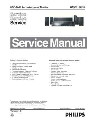 Philips hts5710h service manual cover with picture of the device, model type and number, table of contents, manual version and publication year.