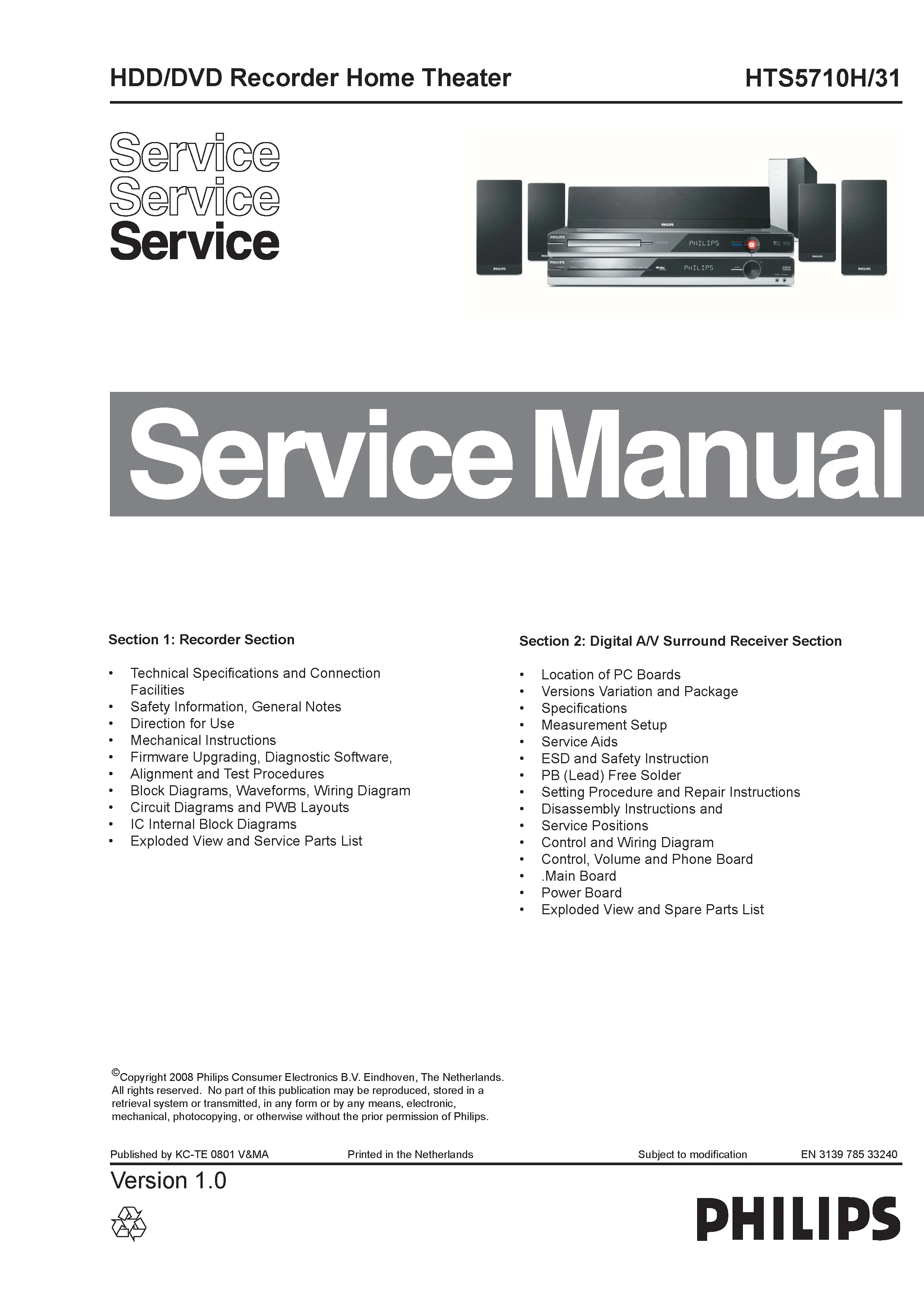 Philips hts5710h service manual cover with picture of the device, model type and number, table of contents, manual version and publication year.