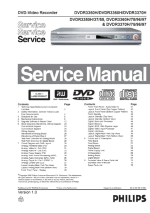 Philips hts5800h service manual cover with picture of the device, model type and number, table of contents, manual version and publication year.