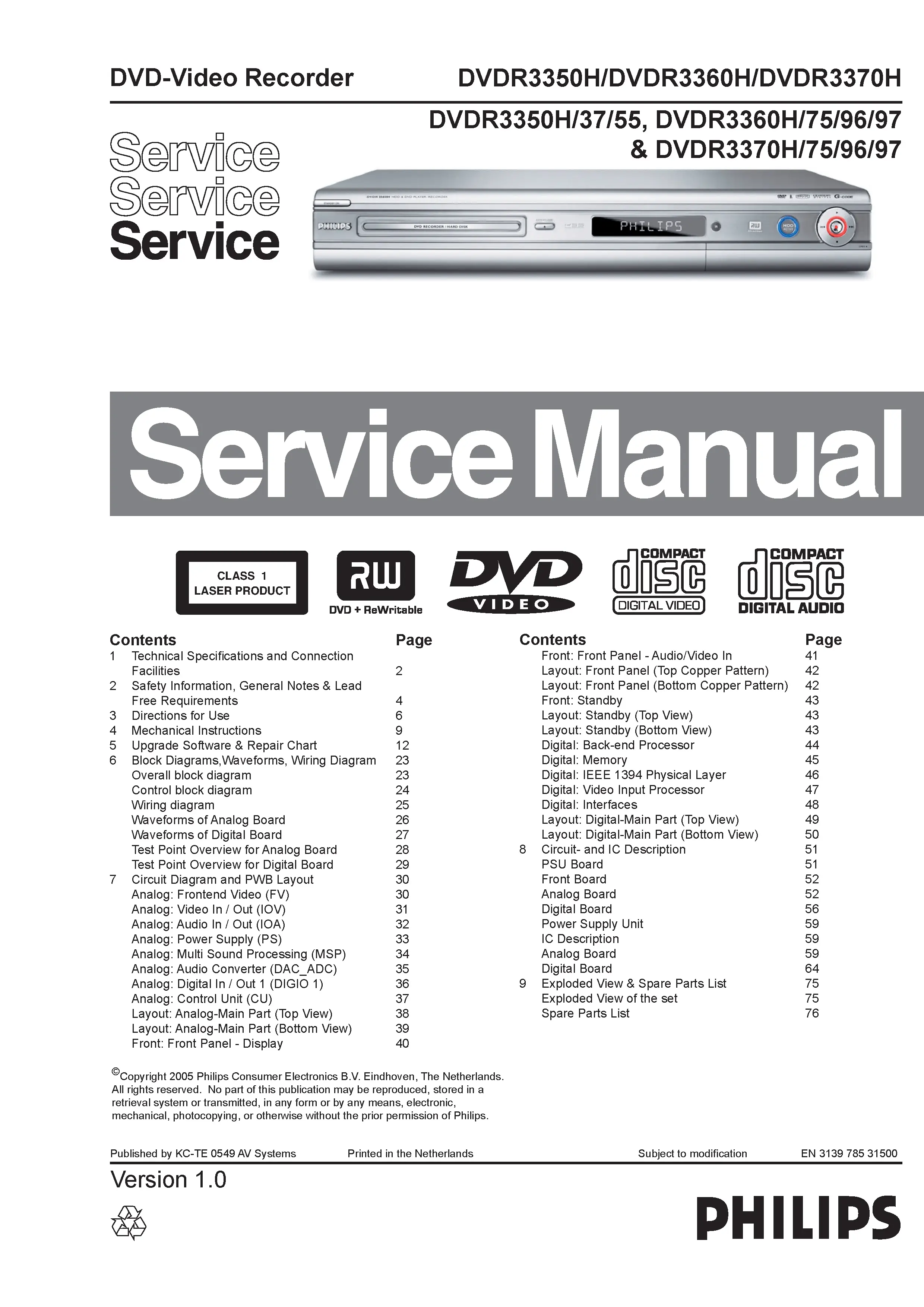 Philips hts5800h service manual cover with picture of the device, model type and number, table of contents, manual version and publication year.