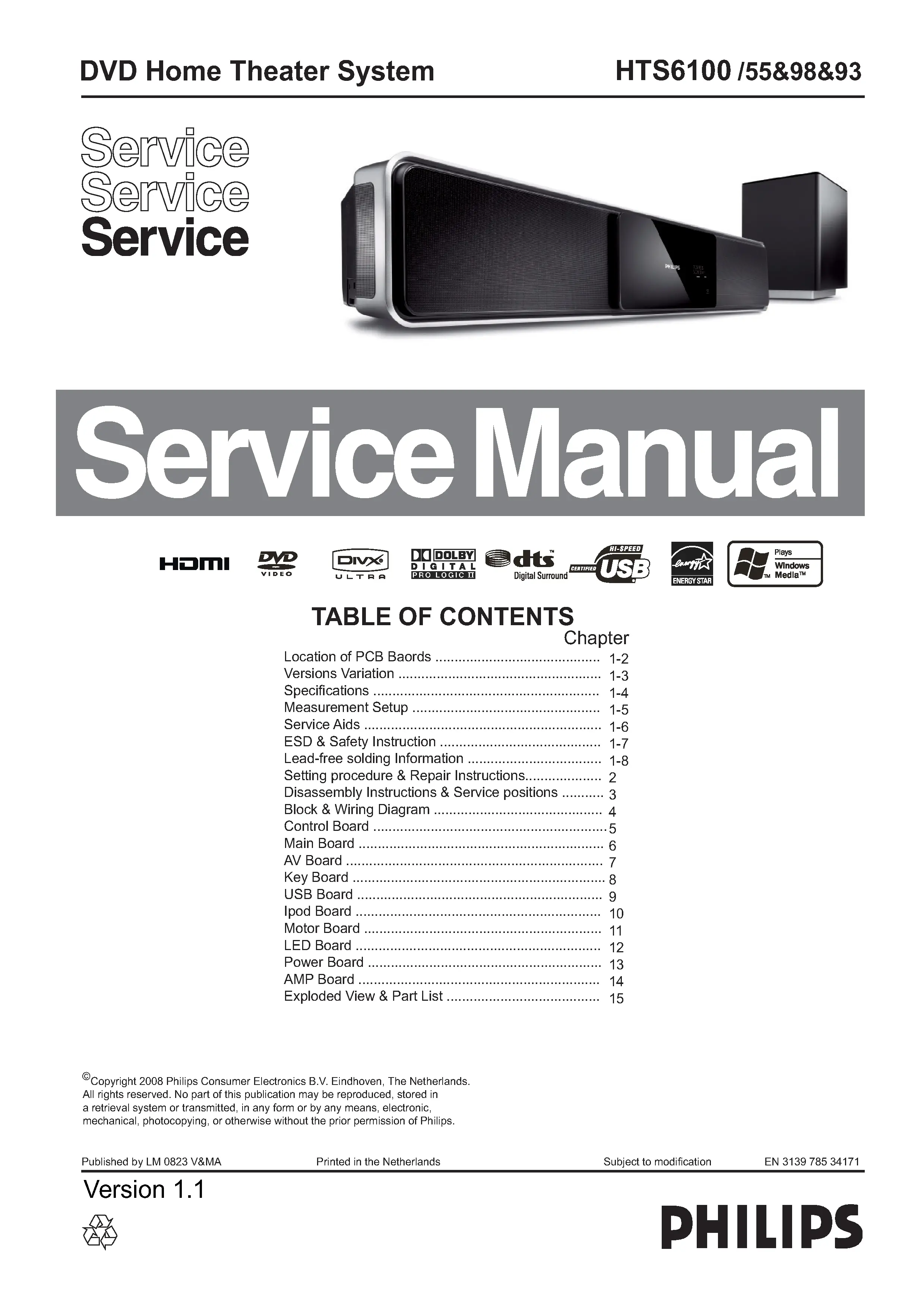Philips hts6100 service manual cover with picture of the device, model type and number, table of contents, manual version and publication year.