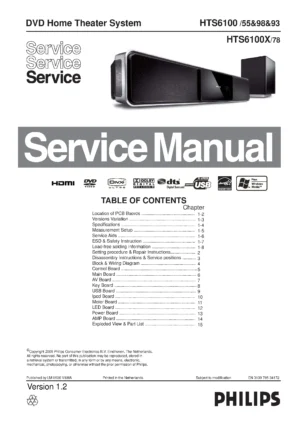 Philips hts6100x service manual cover with picture of the device, model type and number, table of contents, manual version and publication year.