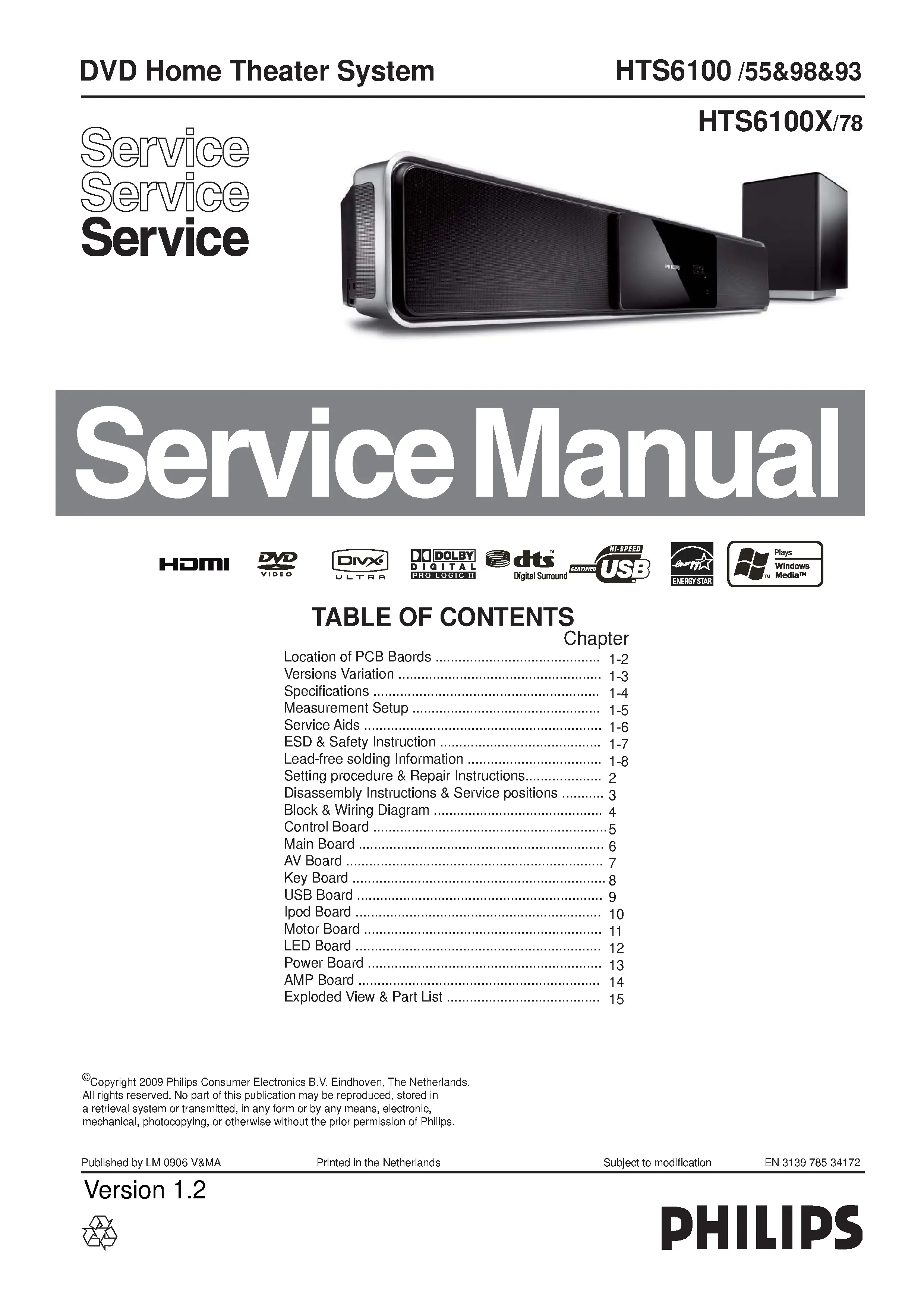 Philips hts6100x service manual cover with picture of the device, model type and number, table of contents, manual version and publication year.