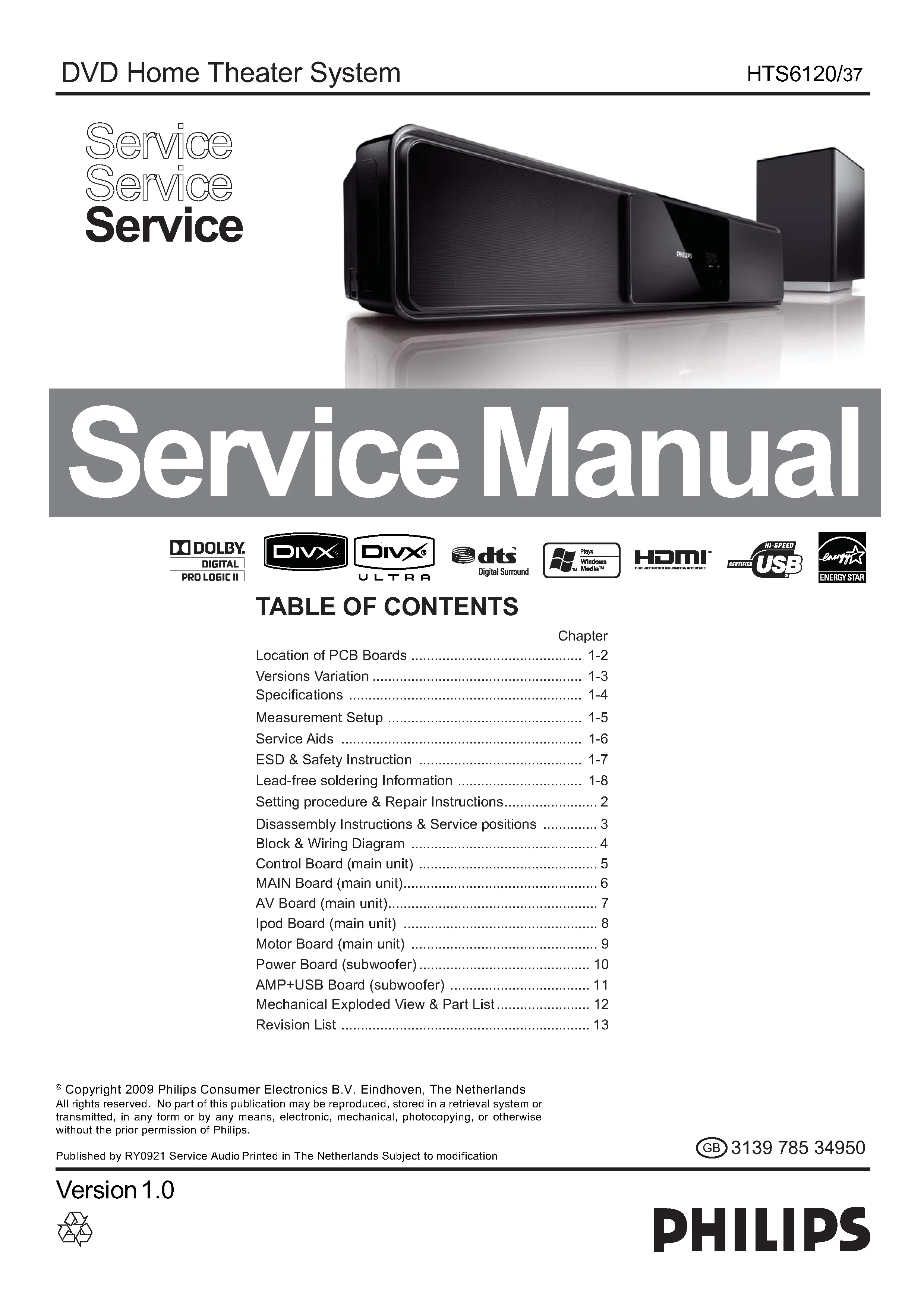 Philips hts6120 service manual cover with picture of the device, model type and number, table of contents, manual version and publication year.